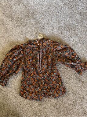 Free People Black Multi Floral Puff-Sleeve Button Blouse